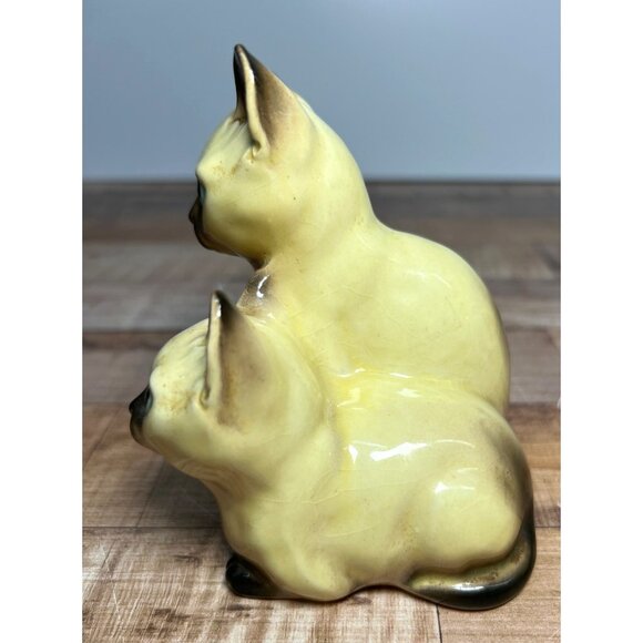 Vintage Ceramic Siamese Cat Figurine Pair - Yellow & Brown Glaze - Mid-Century - Picture 4 of 5